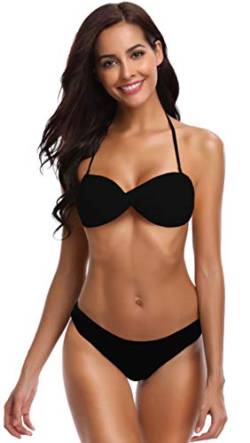 SHEKINI Damen Bandeau Bikini Set Verstellbarer Rückenfrei Elegant Twisted Design Bikinioberteil Zweiteiliger Badeanzug Niedrige Taille Bikinihose Bademode (L, Schwarz-S) von SHEKINI