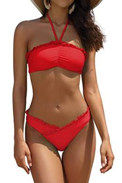 SHEKINI Damen Bandeau Zweiteiliger Bikini Neckholder Rüschen Bademode Cross V-förmige Bikini Bottom Große Größen Badebekleidung Schulterfrei Gepolstert Strandbikini (Rot, S) von SHEKINI