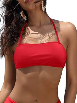 SHEKINI Damen Bikini Elegant Badeanzug Rückenfrei Bandeau Verstellbarer Neckholder Bikinioberteil oder Hohe Taille Bikinihose Bademode (Bikini Top-rot,M) von SHEKINI