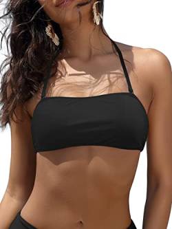 SHEKINI Damen Bikini Elegant Badeanzug Rückenfrei Bandeau Verstellbarer Neckholder Bikinioberteil oder Hohe Taille Bikinihose Bademode (Bikini Top-schwarz,L) von SHEKINI