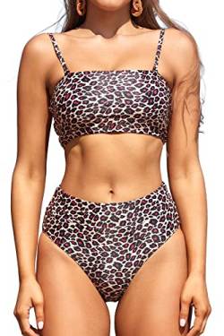 SHEKINI Damen Bikini Set Bandeau Abnehmbar verstellbar Schnürung Bikinioberteil Zweiteiliger Badeanzug mit High Waist Bauchweg Bikinihose Bademode（M，Leopard） von SHEKINI