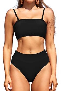 SHEKINI Damen Bikini Set Bandeau Abnehmbar verstellbar Schnürung Bikinioberteil Zweiteiliger Badeanzug mit High Waist Bauchweg Bikinihose Bademode（M，Schwarz） von SHEKINI