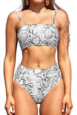 SHEKINI Damen Bikini Set Bandeau Abnehmbar verstellbar Schnürung Bikinioberteil Zweiteiliger Badeanzug mit High Waist Bauchweg Bikinihose Bademode（XL，Schlangenhaut） von SHEKINI