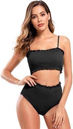 SHEKINI Damen Bikini Set Bandeau Bikinioberteil High Waist Bauchweg Bikinihose Ruched Zweiteiliger Badeanzug Strandmode (Small, Schwarz) von SHEKINI