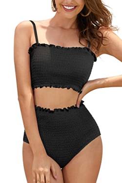 SHEKINI Damen Bikini Set Bandeau Bikinioberteil High Waist Bauchweg Bikinihose Ruched Zweiteiliger Badeanzug Strandmode (X-Large, Schwarz) von SHEKINI