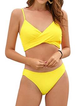 SHEKINI Damen Bikini-Set Crossover Design Bikini Gerippt Neckholder Oberteil Verstellbarer Schultergurt Badeanzüge Zweiteiliger Triangle Bikinihose Bademode (XL, Gelb) von SHEKINI