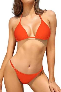SHEKINI Damen Bikini Set Klassischer Triangel Rückenfrei Bikinioberteil Verstellbare Bademode Brasilianer Niedrige Taille Tanga Bikinihose Zweiteiliger Badeanzug(S,Fluoreszierende Orange) von SHEKINI