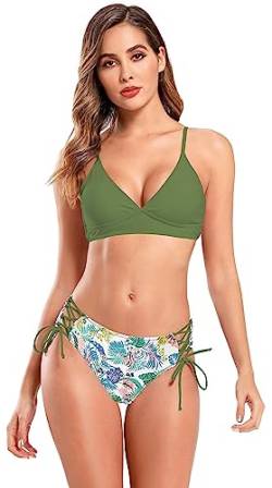 SHEKINI Damen Bikini Set Tief-V Ausschnitt Verstellbar Neckholder Bikinioberteil mit Drucken Hohe Taille Bauchweg Bikinihose Retro Zweiteiliger Badeanzug (S, Olivgrün) von SHEKINI