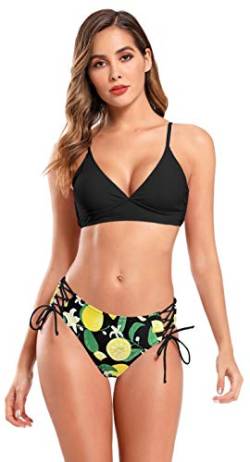 SHEKINI Damen Bikini Set Tief-V Ausschnitt Verstellbar Neckholder Bikinioberteil mit Hohe Taille Bauchweg Bikinihose Retro Zweiteiliger Badeanzug (L, Schwarz) von SHEKINI