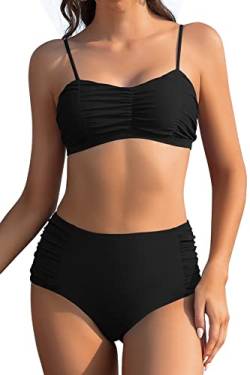 SHEKINI Damen Bikini Set Verstellbarer Schultergurt Retro Bandeau Ruched Bikinioberteil Zweiteiliger Badeanzug High Waist Bauchweg Bikinihose Bademode（M，Dunkelgrün） von SHEKINI