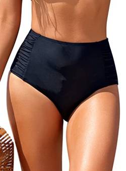 SHEKINI Damen-Bikinihose, hohe Taille, gerüschte Seiten-Badehose, Badeanzug, Schwarz , S von SHEKINI