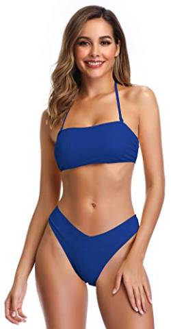 SHEKINI Damen Bikinis Set Rückenfrei Charmant Bandeau Bikini Bikinioberteil Verstellbarer Ties up Zweiteiliger Badeanzug Chic Bikinihose Strandbikini (S, Königsblau) von SHEKINI