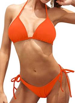 SHEKINI Damen Bikinis Set Rückenfrei Verstellbarer Klassischer Triangel Bikinioberteil Sexy Badeanzug Ruched Verstellbarer Ties up Triangel Bikinihose Strandbikini（Fluoreszierendes Orange，L） von SHEKINI