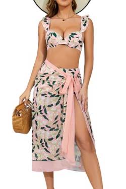 SHEKINI Damen Blumen Print 3 Stück Badeanzüge mit Cover Ups Rock Strand Sarong Retro Hohe Taille Push Up Bikini Set Bademode von SHEKINI