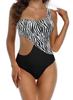 SHEKINI Damen Eine Schulter Bandeau Einteiliger Badeanzug Rückenfrei Bauchweg Bademode Cut Out Swimsuit(M,Schwarz) von SHEKINI