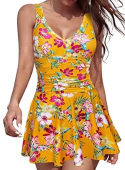 SHEKINI Damen Einteiliger Badeanzug Badeanzugkleid V-Ausschnitt Schwimmkleid Elegant Retro Bauchweg Ruched Bauchkontrolle Rückenfrei Strandbadeanzug(L,Gelbwurz) von SHEKINI