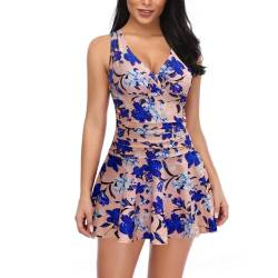 SHEKINI Damen Einteiliger Badeanzug Badekleid Rückenfrei Baderock Ruched Bauchweg Bauchkontrolle Tankini Damen Strandbadeanzug Bademode Großer Größe Schwimmrock(S,Rosa-Y) von SHEKINI