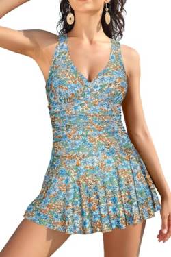 SHEKINI Damen Einteiliger Badeanzug Badekleid Rückenfrei V-Ausschnitt Baderock Ruched Bauchweg Tankini Damen Strandbadeanzug Schwimmrock Großer Größe(XL,Grün-Blume) von SHEKINI