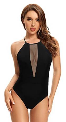 SHEKINI Damen Einteiliger Badeanzug High Neck Neckholder Mesh Bademode Verstellbar Rückenfrei Strandmode（XL, Schwarz） von SHEKINI