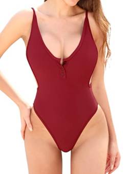 SHEKINI Damen Einteiliger Badeanzug Tiefen V Ausschnitt Verstellbar Rückenfrei Monokini Bademode High Cut Brasilien Tanga Swimsuit(S, Weinrot) von SHEKINI