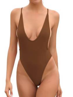 SHEKINI Damen Einteiliger Badeanzug V Ausschnitt Rückenfrei Bademode Brasilien Tanga Hoher Schnitt Monokini Strandmode Swimsuit（XS，Kupferbraun） von SHEKINI