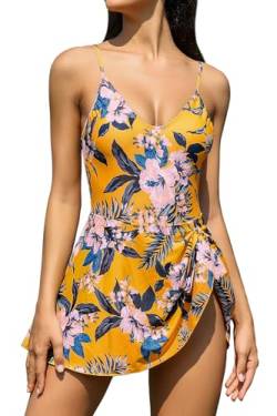 SHEKINI Damen Einteiliger Badeanzug V-Ausschnitt Verstellbar Träger Rückenfrei Chic Badekleid Damen Bauchweg Bademode Schwimmkleid(S,Gelb) von SHEKINI