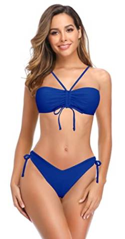 SHEKINI Damen Elegant Bandeau Bikini Set Verstellbar Kordelzug Rückenfrei Zweiteiliger Badeanzug Cutout Ties up V-förmige Triangel Badehose Bikinihose Bademode (L, Königsblau B) von SHEKINI