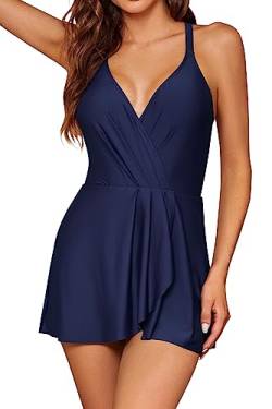 SHEKINI Damen Elegant Einteiliger Badeanzug Gepolstert V-Ausschnitt Halter Badekleid Badeanzugkleid Bauchweg Bademode Damen Rückenfrei Schwimmkleid Baderock(Dunkelblau,XXL) von SHEKINI