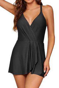 SHEKINI Damen Elegant Einteiliger Badeanzug Gepolstert V-Ausschnitt Halter Badekleid Badeanzugkleid Bauchweg Bademode Damen Rückenfrei Schwimmkleid Baderock（XL，Schwarz） von SHEKINI