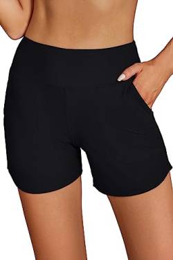 SHEKINI Damen Hohe Taille Badeshorts Taschen Kurze Badehose Schnell Trocknend Schwimmshorts Wassersport Boardshorts Schwimmhose mit Slip(Schwarz,S) von SHEKINI