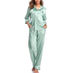 SHEKINI Damen Klassische Zweiteiliger Schlafanzug mit Hose mit Gummibund am Einfarbige Nachthemd Satin Nachtwäsche Knöpfen Pyjama Sleepwear(Stil 3 Pyjamas Set-Grün,S) von SHEKINI