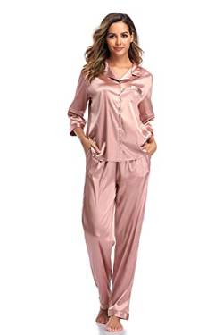 SHEKINI Damen Klassische Zweiteiliger Schlafanzug mit Hose mit Gummibund am Einfarbige Nachthemd Satin Nachtwäsche Knöpfen Pyjama Sleepwear(Stil 3 Pyjamas Set-Rosa,XL) von SHEKINI