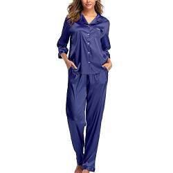 SHEKINI Damen Klassische Zweiteiliger Schlafanzug mit Hose mit Gummibund am Einfarbige Nachthemd Satin Nachtwäsche Knöpfen Pyjama Sleepwear von SHEKINI