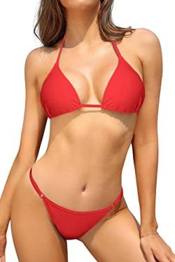 SHEKINI Damen Klassischer Triangle Bikini-Set Neckholder Oberteil Tanga Bikini Hose Sexy Thong für Frauen Low Waist Unerteil, XS, Rot von SHEKINI