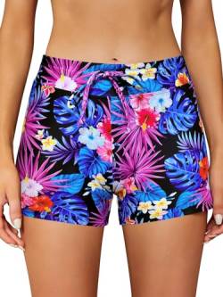 SHEKINI Damen Kurz Boxershorts mit Seitlichem Split Tankini Badeshorts Badehose Sommer Einstellbarer Bikinihose Sporty Schwimmshorts（S,Schwarz HDC） von SHEKINI