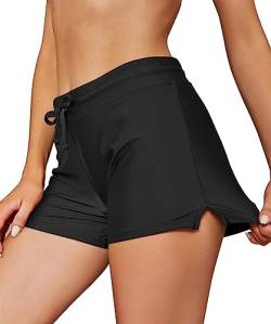 SHEKINI Damen Kurz Boxershorts mit Seitlichem Split Tankini Badeshorts Badehose Sommer Einstellbarer Bikinihose Sporty Schwimmshorts(Schwarz,S) von SHEKINI