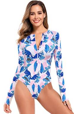SHEKINI Damen Langarm Rashguard Einteiler Badeanzug UV-Schutz Bedruckt Bademode, Rosa blaue Blätter – C, Large von SHEKINI