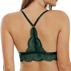 SHEKINI Damen Mädchen BH mit Verschluss Vorne, Abnehmbare Gepolstert Spitze Bralette ohne Bügel Triangle-BH Sexy Unterwäsche Verstellbarer Schultergurt,Dunkelgrün,S von SHEKINI