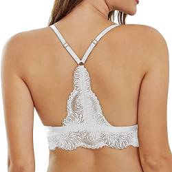 SHEKINI Damen Mädchen BH mit Verschluss Vorne, Abnehmbare Gepolstert Spitze Bralette ohne Bügel Triangle-BH Sexy Unterwäsche Verstellbarer Schultergurt,Weiß,L von SHEKINI