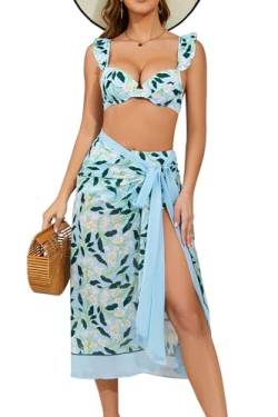 SHEKINI Damen Push Up Bikini Set Blumen Print 3-Teiliger Bademode High Waist Badeanzug Hose mit Cover Ups Strandkleid Bikini (L, Hellblau) von SHEKINI