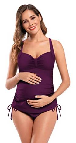 SHEKINI Damen Rückenfrei Umstandsmode Elegant Verstellbarer Tankini Zweiteiliger Badeanzug Bauchweg Ruched Abdomen Control Grosse Grössen Schwangerschaft Bikini(S,Violett) von SHEKINI