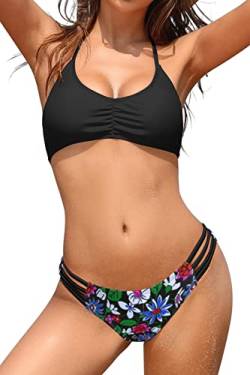 SHEKINI Damen Sexy Bikini Set Bandeau Bademode Neckholder Bikinioberteil Elegant Gedruckt Triangel Bikinihose Zweiteiliger Badeanzug （L, Schwarz） von SHEKINI