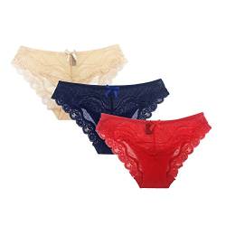 SHEKINI Damen Slips Hipster Sexy Atmungsaktive Unterwäsche Unterhose Tanga Panties Spitze Schlüpfer Bikini Höschen Dessous Weiche Elegant 3er-Pack (XL, 3 Pack D (Red/Deep Blue/Skin)) von SHEKINI