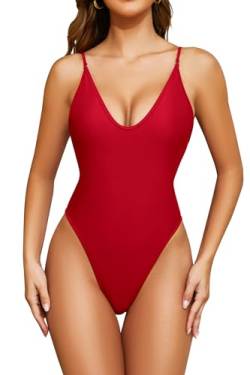 SHEKINI Damen Tanga V Ausschnitt Badeanzug Sexy Hoher Schnitt Einteiliger Bademode Swimsuit für Frauen(M,Rot-B) von SHEKINI