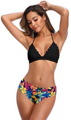 SHEKINI Damen Triangle Bikini Set Wellige Bademode Bunt Blumenmuster Low Waist Hose Sommer Neu Zweiteiliger Bikinis für Frauen Neckholder Bikini（M，Schwarz） von SHEKINI