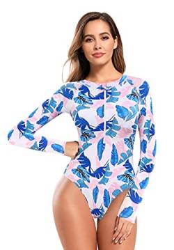 SHEKINI Damen Vintage Langarm Einteilige Badeanzug High Neck Verstellbar Reißverschluss Grafikprint Bademode Cutout Surfanzug Rash Guard Swimsuit(XL,Rosa Blaue Blätter) von SHEKINI