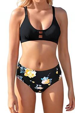 SHEKINI Damen Zweiteiliger Bikini U Ausschnitt Doppelte Träger Top Bauchweg Blumenmuster Bikinihose Cross Rückenfrei Große Größe Strandbikini (Schwarz, XL) von SHEKINI