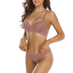 SHEKINI Dessous Damen Sexy Unterwäsche BH mit Bügel Spitze Push Up BH und Tanga Rückenfrei Tiefer Ausschnitt Dessous Set Lingerie,Dunkelrosa,38/85B von SHEKINI