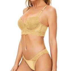 SHEKINI Dessous Damen Sexy Unterwäsche Push Up Spitzen BH mit Bügel und Slip Rückenfrei Tiefer Ausschnitt Lingerie Dessous Sets(Beige,6148,75C) von SHEKINI