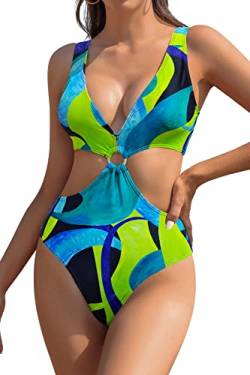 SHEKINI Einteiliger Damen-Badeanzug, tiefer V-Ausschnitt, O-Ring-Ausschnitt, Monokini, sexy Badeanzug, Bunte Geometrie, XL von SHEKINI